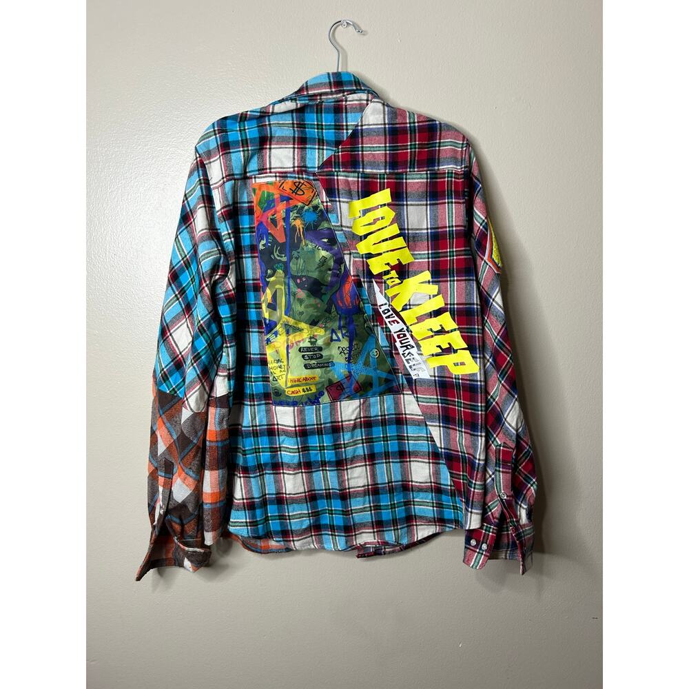 Men’s Large Kleep Gallant Premium Flannel Button Down Shirt Mixed Plaid Patches - Picture 2 of 8